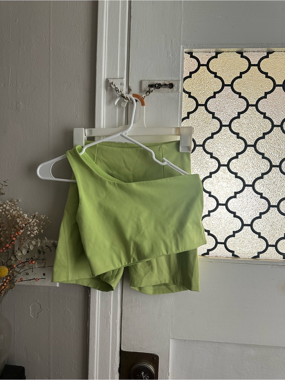 Girlfriend Collective Green Active Shorts &  Off the Shoulder Top Set